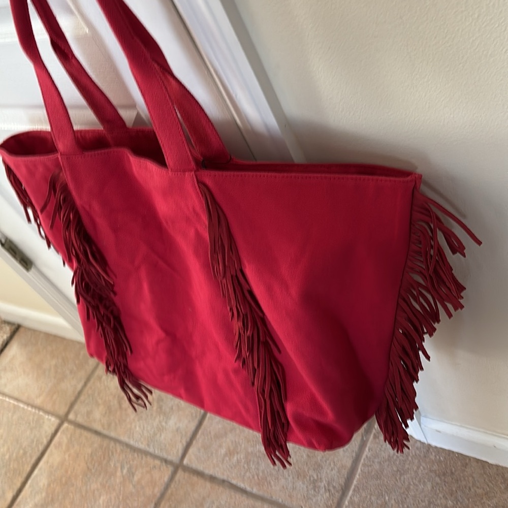 MILA LOS ANGELES LADIES RED CANVAS FRINGE BOHO TOTE BAG - Picture 9 of 11